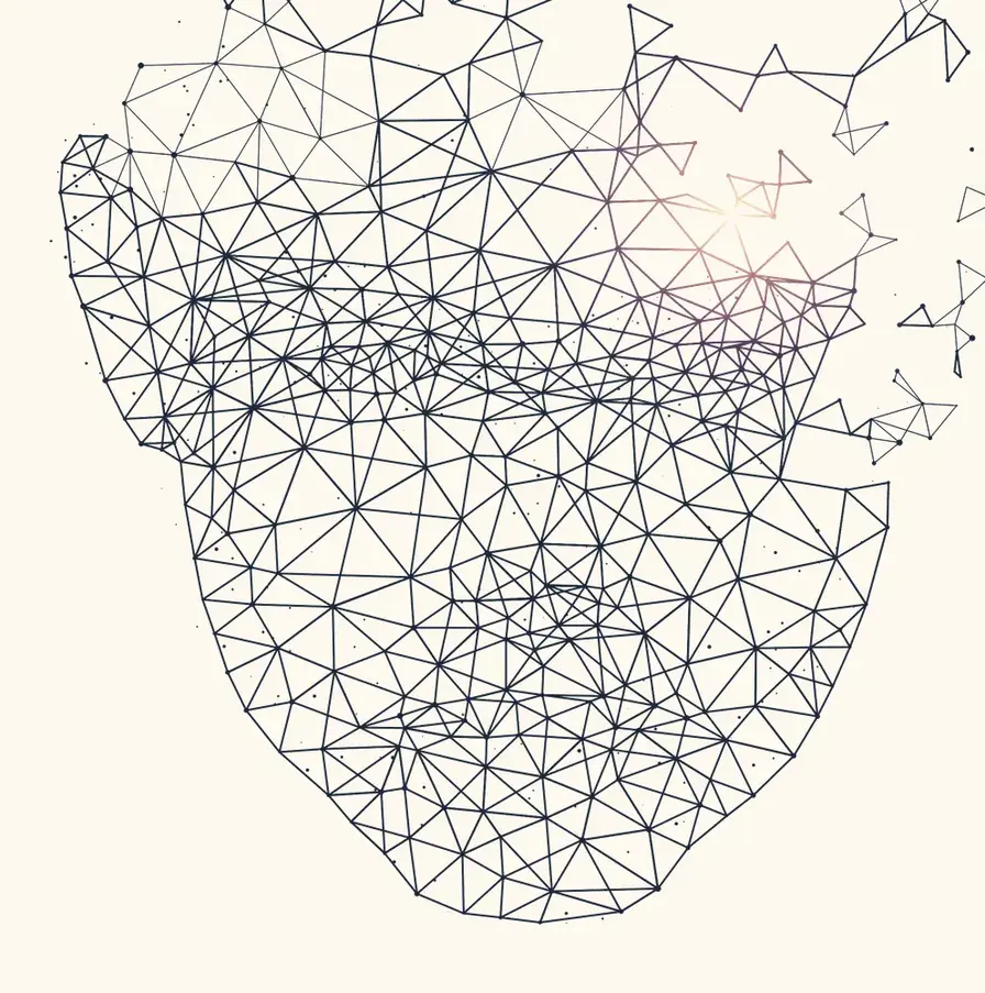 A human head drawn as a network of connected points, fragmenting into scattered triangles that drift to the right.