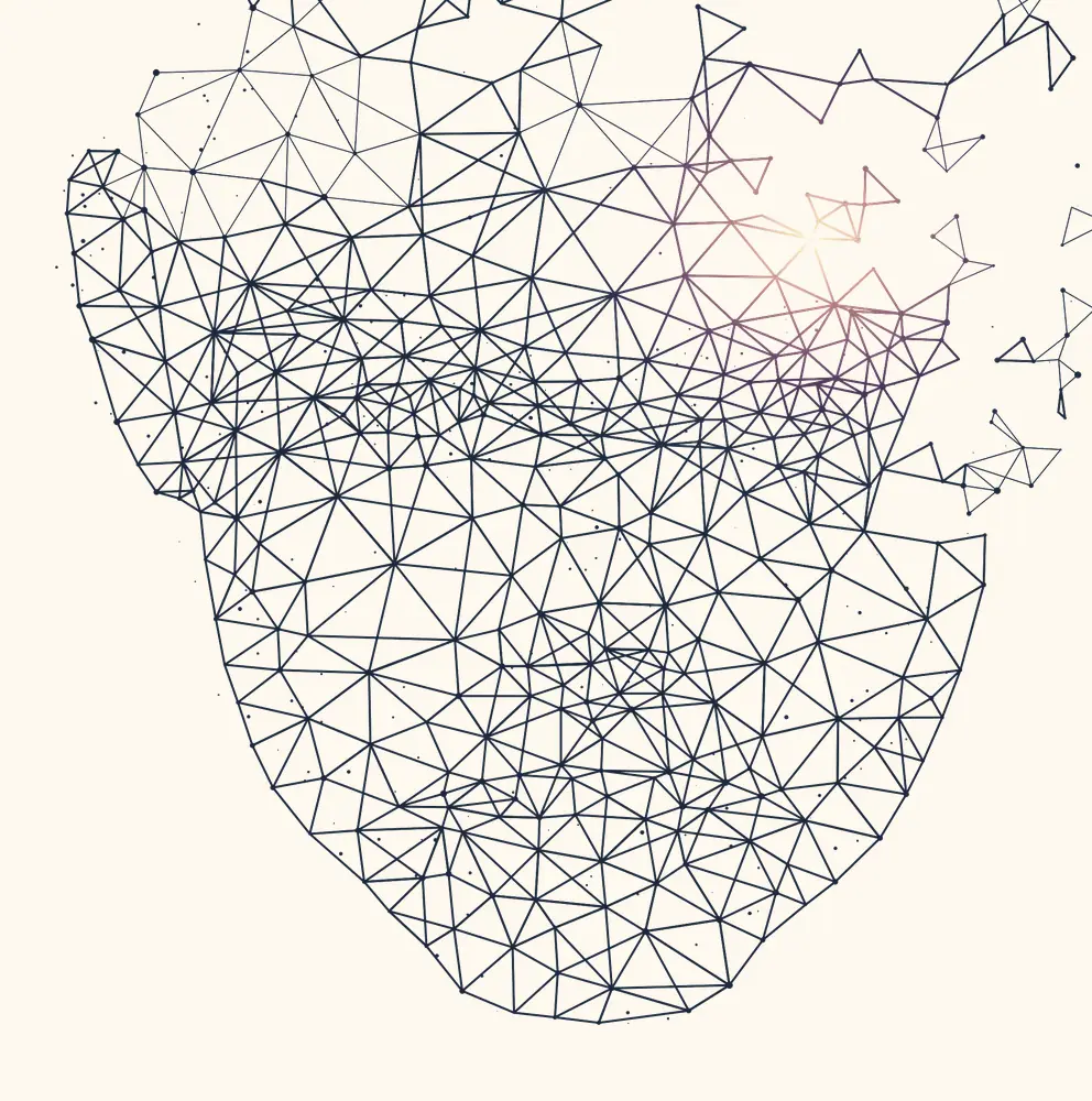 A human head drawn as a network of connected points, fragmenting into scattered triangles that drift to the right.